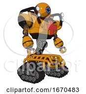 Poster, Art Print Of Android Containing Dual Retro Camera Head And Happy 3 Eyes Round Head And Heavy Upper Chest And First Aid Chest Symbol And Shoulder Headlights And Tank Tracks Primary Yellow Halftone