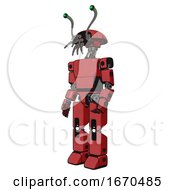 Poster, Art Print Of Mech Containing Dual Retro Camera Head And Shrimp Head And Light Chest Exoshielding And Prototype Exoplate Chest And Prototype Exoplate Legs Primary Red Halftone Facing Right View