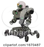 Poster, Art Print Of Robot Containing Grey Alien Style Head And Green Demon Eyes And Triangle Design And Helmet And Heavy Upper Chest And Chest Green Energy Cores And Insect Walker Legs Concrete Grey Metal