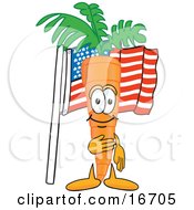 Clipart Picture Of An Orange Carrot Mascot Cartoon Character Pledging Allegiance To An American Flag by Toons4Biz