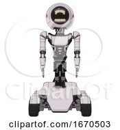 Poster, Art Print Of Automaton Containing Round Head Chomper Design And Light Chest Exoshielding And Ultralight Chest Exosuit And Six-Wheeler Base White Halftone Toon Front View