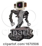 Poster, Art Print Of Robot Containing Old Computer Monitor And Magenta Symbol Display And Old Retro Speakers And Heavy Upper Chest And No Chest Plating And Tank Tracks Light Pink Beige Hero Pose