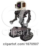 Poster, Art Print Of Robot Containing Old Computer Monitor And Magenta Symbol Display And Old Retro Speakers And Heavy Upper Chest And No Chest Plating And Tank Tracks Light Pink Beige Facing Right View
