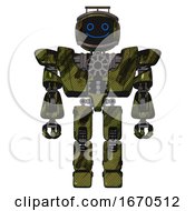 Poster, Art Print Of Mech Containing Digital Display Head And Happy Face And Led And Protection Bars And Heavy Upper Chest And Heavy Mech Chest And Prototype Exoplate Legs Grunge Army Green Front View