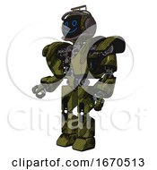 Poster, Art Print Of Mech Containing Digital Display Head And Happy Face And Led And Protection Bars And Heavy Upper Chest And Heavy Mech Chest And Prototype Exoplate Legs Grunge Army Green Facing Right View