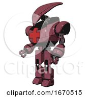 Poster, Art Print Of Mech Containing Flat Elongated Skull Head And Heavy Upper Chest And First Aid Chest Symbol And Prototype Exoplate Legs Muavewood Halftone Facing Right View