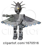 Poster, Art Print Of Droid Containing Grey Alien Style Head And Black Eyes And Eyeball Creature Crown And Light Chest Exoshielding And Prototype Exoplate Chest And Cherub Wings Design And Prototype Exoplate Legs