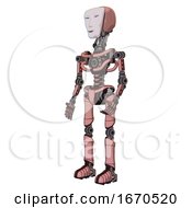 Poster, Art Print Of Droid Containing Humanoid Face Mask And Light Chest Exoshielding And No Chest Plating And Ultralight Foot Exosuit Toon Pink Tint Facing Right View