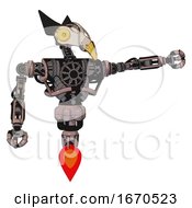 Robot Containing Bird Skull Head And Brass Steampunk Eyes And Robobeak Design And Heavy Upper Chest And No Chest Plating And Jet Propulsion Powder Pink Metal Pointing Left Or Pushing A Button
