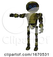 Poster, Art Print Of Droid Containing Digital Display Head And Woo Expression And Light Chest Exoshielding And Prototype Exoplate Chest And Ultralight Foot Exosuit Grunge Army Green Arm Out Holding Invisible Object
