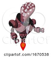Poster, Art Print Of Robot Containing Flat Elongated Skull Head And Spikes And Heavy Upper Chest And Red Shield Defense Design And Jet Propulsion Muavewood Halftone Fight Or Defense Pose