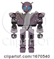 Poster, Art Print Of Bot Containing Grey Alien Style Head And Blue Grate Eyes And Bug Antennas And Heavy Upper Chest And Heavy Mech Chest And Green Cable Sockets Array And Prototype Exoplate Legs Lilac Metal Front View