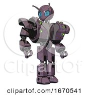 Poster, Art Print Of Bot Containing Grey Alien Style Head And Blue Grate Eyes And Bug Antennas And Heavy Upper Chest And Heavy Mech Chest And Green Cable Sockets Array And Prototype Exoplate Legs Lilac Metal Hero Pose