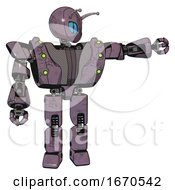 Poster, Art Print Of Bot Containing Grey Alien Style Head And Blue Grate Eyes And Bug Antennas And Heavy Upper Chest And Heavy Mech Chest And Green Cable Sockets Array And Prototype Exoplate Legs Lilac Metal