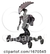 Poster, Art Print Of Droid Containing Flat Elongated Skull Head And Light Chest Exoshielding And Rocket Pack And No Chest Plating And Insect Walker Legs Halftone Gray Facing Right View