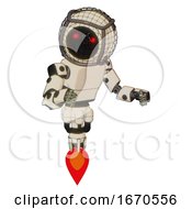 Poster, Art Print Of Cyborg Containing Round Barbed Wire Round Head And Light Chest Exoshielding And Prototype Exoplate Chest And Jet Propulsion Off White Toon Fight Or Defense Pose
