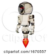 Poster, Art Print Of Cyborg Containing Round Barbed Wire Round Head And Light Chest Exoshielding And Prototype Exoplate Chest And Jet Propulsion Off White Toon Standing Looking Right Restful Pose