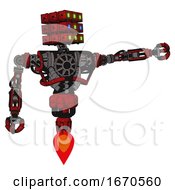 Poster, Art Print Of Automaton Containing Dual Retro Camera Head And Cube Array Head And Heavy Upper Chest And No Chest Plating And Jet Propulsion Red Blood Grunge Material Pointing Left Or Pushing A Button