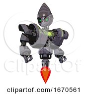 Poster, Art Print Of Mech Containing Grey Alien Style Head And Green Inset Eyes And Heavy Upper Chest And Heavy Mech Chest And Green Energy Core And Jet Propulsion Light Lavender Metal Hero Pose