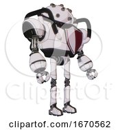 Poster, Art Print Of Android Containing Plughead Dome Design And Heavy Upper Chest And Red Shield Defense Design And Ultralight Foot Exosuit White Halftone Toon Facing Left View