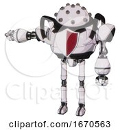 Poster, Art Print Of Android Containing Plughead Dome Design And Heavy Upper Chest And Red Shield Defense Design And Ultralight Foot Exosuit White Halftone Toon Arm Out Holding Invisible Object