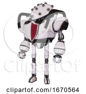 Poster, Art Print Of Android Containing Plughead Dome Design And Heavy Upper Chest And Red Shield Defense Design And Ultralight Foot Exosuit White Halftone Toon Standing Looking Right Restful Pose