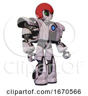 Poster, Art Print Of Robot Containing Grey Alien Style Head And Green Inset Eyes And Red Helmet And Heavy Upper Chest And Heavy Mech Chest And Blue Energy Fission Element Chest And Light Leg Exoshielding 