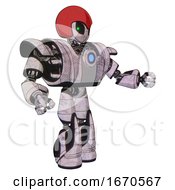 Poster, Art Print Of Robot Containing Grey Alien Style Head And Green Inset Eyes And Red Helmet And Heavy Upper Chest And Heavy Mech Chest And Blue Energy Fission Element Chest And Light Leg Exoshielding 