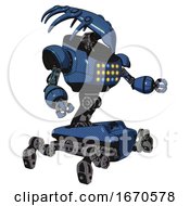 Poster, Art Print Of Mech Containing Flat Elongated Skull Head And Heavy Upper Chest And Colored Lights Array And Insect Walker Legs Blue Halftone Interacting