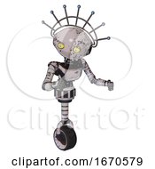 Automaton Containing Oval Wide Head And Yellow Eyes And Techno Halo Ornament And Light Chest Exoshielding And Ultralight Chest Exosuit And Unicycle Wheel Grunge Sketch Dots Fight Or Defense Pose