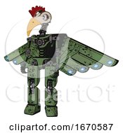 Poster, Art Print Of Robot Containing Bird Skull Head And White Eyeballs And Chicken Design And Light Chest Exoshielding And Cherub Wings Design And No Chest Plating And Prototype Exoplate Legs Grunge Grass Green