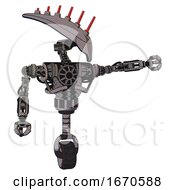 Poster, Art Print Of Mech Containing Flat Elongated Skull Head And Heavy Upper Chest And No Chest Plating And Unicycle Wheel Halftone Gray Pointing Left Or Pushing A Button