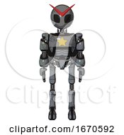 Poster, Art Print Of Droid Containing Grey Alien Style Head And Black Eyes And Light Chest Exoshielding And Yellow Star And Rocket Pack And Ultralight Foot Exosuit Patent Concrete Gray Metal Front View