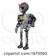 Poster, Art Print Of Droid Containing Grey Alien Style Head And Black Eyes And Light Chest Exoshielding And Yellow Star And Rocket Pack And Ultralight Foot Exosuit Patent Concrete Gray Metal Facing Right View