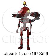 Poster, Art Print Of Bot Containing Oval Wide Head And Red Horizontal Visor And Minibot Ornament And Light Chest Exoshielding And Minigun Back Assembly And No Chest Plating And Ultralight Foot Exosuit Matted Red