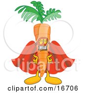 Poster, Art Print Of Orange Carrot Mascot Cartoon Character In A Super Hero Uniform With A Mask And Cape