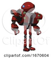 Poster, Art Print Of Droid Containing Oval Wide Head And Giant Blue And Red Led Eyes And Heavy Upper Chest And Heavy Mech Chest And Green Cable Sockets Array And Ultralight Foot Exosuit Cherry Tomato Red Hero Pose