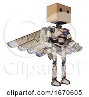 Poster, Art Print Of Bot Containing Dual Retro Camera Head And Cardboard Box Head And Light Chest Exoshielding And Blue Energy Core And Cherub Wings Design And Ultralight Foot Exosuit Halftone Sketch Facing Left View