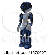 Poster, Art Print Of Mech Containing Digital Display Head And Wince Symbol Expression And Light Chest Exoshielding And Ultralight Chest Exosuit And Prototype Exoplate Legs Grunge Dark Blue Facing Right View