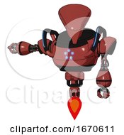 Poster, Art Print Of Mech Containing Flat Elongated Skull Head And Heavy Upper Chest And Circle Of Blue Leds And Blue Strip Lights And Jet Propulsion Light Brick Red Arm Out Holding Invisible Object