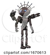 Poster, Art Print Of Cyborg Containing Oval Wide Head And Blue Eyes And Techno Halo Ornament And Light Chest Exoshielding And Ultralight Chest Exosuit And Minigun Back Assembly And Ultralight Foot Exosuit Light Brown