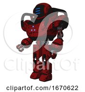 Poster, Art Print Of Android Containing Digital Display Head And Three Horizontal Line Design And Heavy Upper Chest And Triangle Of Blue Leds And Prototype Exoplate Legs Grunge Dots Dark Red Facing Right View