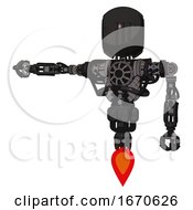Poster, Art Print Of Mech Containing Round Head And Three Lens Sentinel Visor And Heavy Upper Chest And No Chest Plating And Jet Propulsion Dirty Black Arm Out Holding Invisible Object