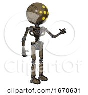 Poster, Art Print Of Robot Containing Round Head And Yellow Eyes Array And Light Chest Exoshielding And No Chest Plating And Ultralight Foot Exosuit Desert Tan Painted Interacting