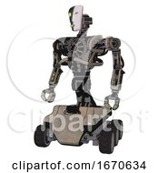 Poster, Art Print Of Mech Containing Humanoid Face Mask And Two-Face Black White Mask And Heavy Upper Chest And No Chest Plating And Six-Wheeler Base Grungy Fiberglass Standing Looking Right Restful Pose