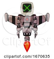 Poster, Art Print Of Mech Containing Old Computer Monitor And Pixel X And Light Chest Exoshielding And Red Energy Core And Stellar Jet Wing Rocket Pack And Jet Propulsion Grayish Pink Front View