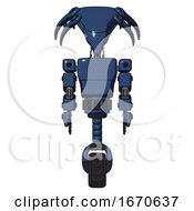 Poster, Art Print Of Robot Containing Flat Elongated Skull Head And Light Chest Exoshielding And Prototype Exoplate Chest And Unicycle Wheel Dark Blue Halftone Front View