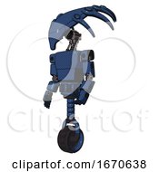 Poster, Art Print Of Robot Containing Flat Elongated Skull Head And Light Chest Exoshielding And Prototype Exoplate Chest And Unicycle Wheel Dark Blue Halftone Facing Right View