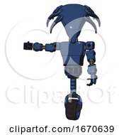 Poster, Art Print Of Robot Containing Flat Elongated Skull Head And Light Chest Exoshielding And Prototype Exoplate Chest And Unicycle Wheel Dark Blue Halftone Arm Out Holding Invisible Object