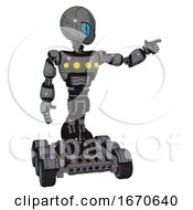 Poster, Art Print Of Robot Containing Grey Alien Style Head And Blue Grate Eyes And Light Chest Exoshielding And Yellow Chest Lights And Six-Wheeler Base Patent Concrete Gray Metal Pointing Left Or Pushing A Button